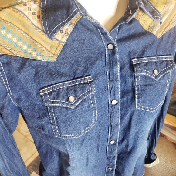 Wrangler M Long Sleeve Shirt Pearl Snap Button Up Denim & Aztec Yoke Shacket - Picture 3 of 11